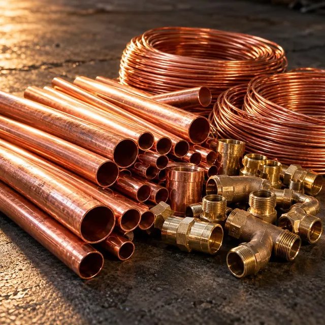 Copper pipes, wire and brass fittings